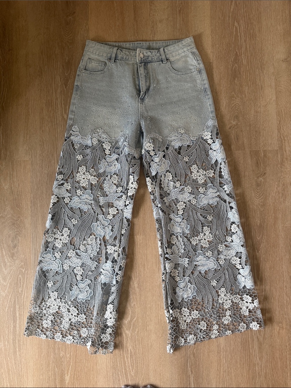 Blue Lace-Overlay Wide Leg Jeans - Women's